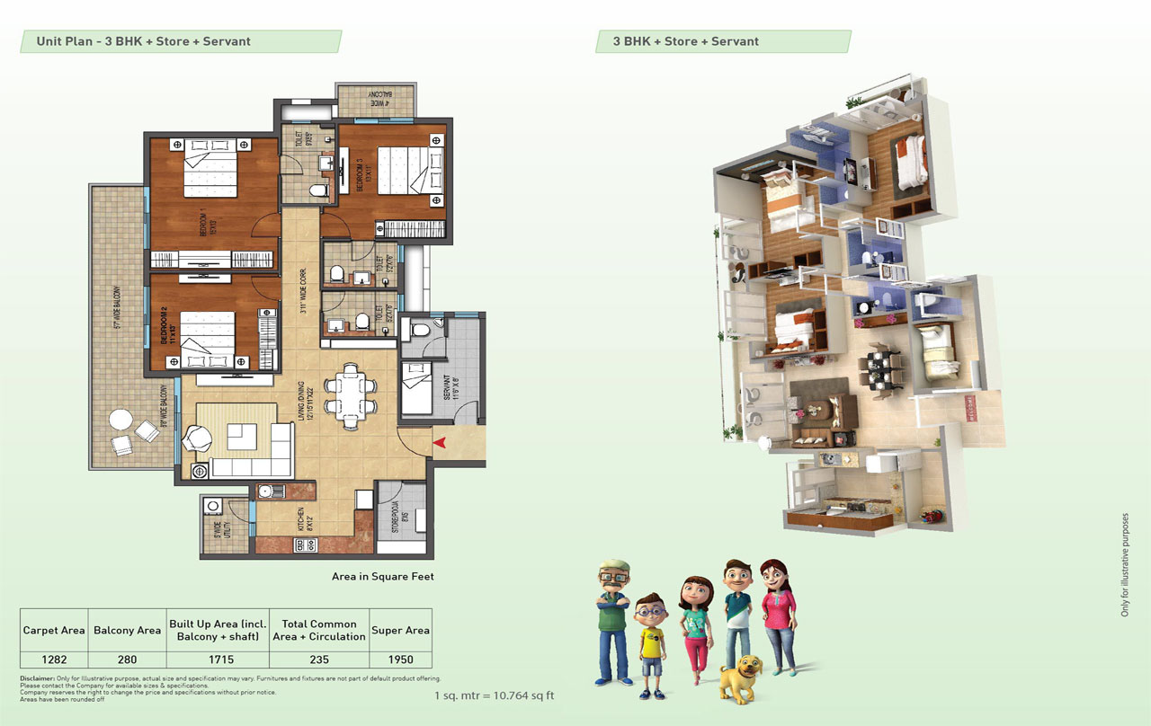 3BHK+Store+Servant Floor Plan, Hero Homes sector-88 Mohali